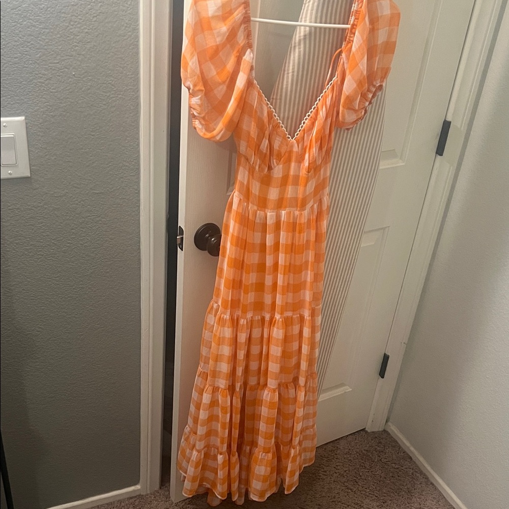 Elegant Orange Checkered Maxi Dress